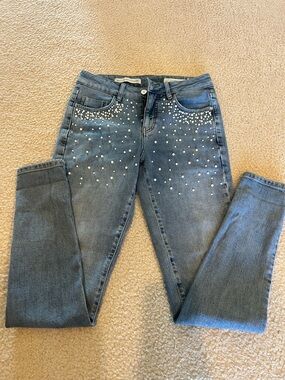 Pilcro and the Letterpress Blue Pearl-Embellished Skinny Jeans